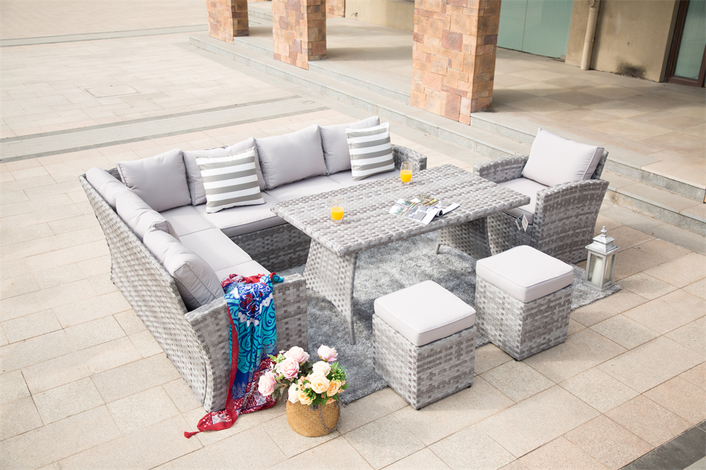 Patio Furniture L-shape Rattan Sofa Set with Rectangle Table And Ottoman 