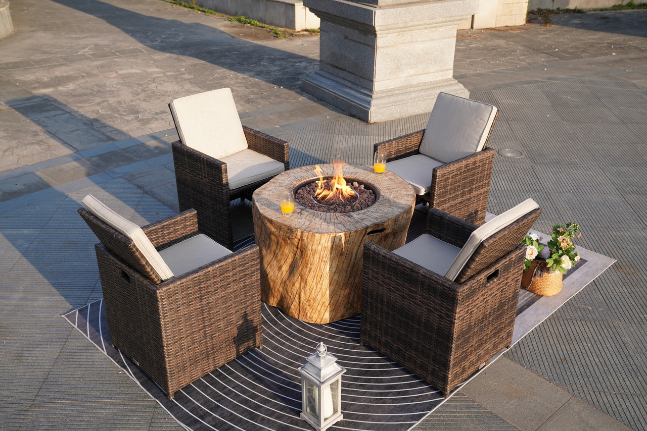 5-piece Patio Cozy Round Grain Firepit Set with 4 Brown Rattan Wicker Seating Chairs